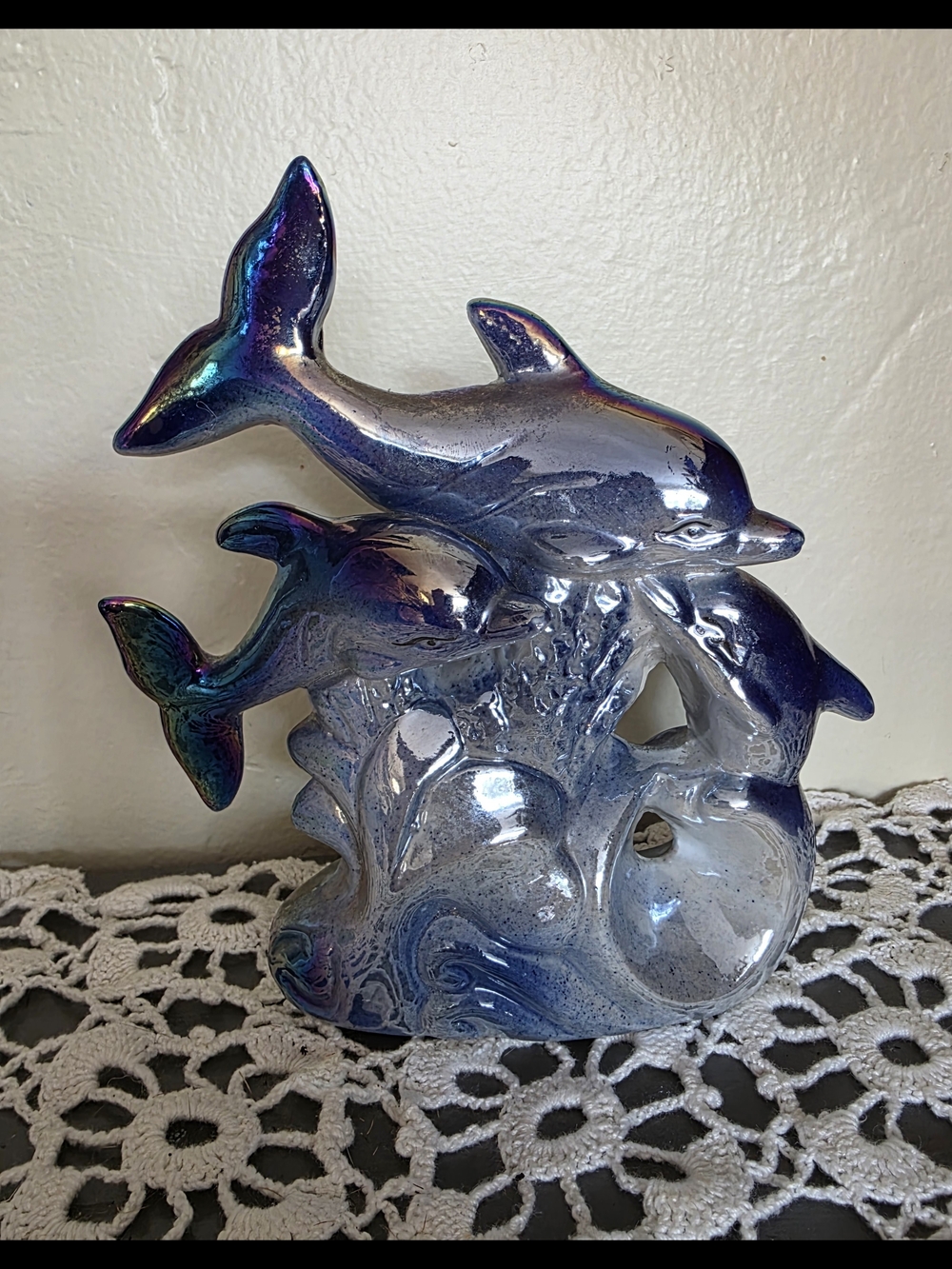 Vintage Iridescent Blue Glass Dolphin Figurine - Decorative Home Accent